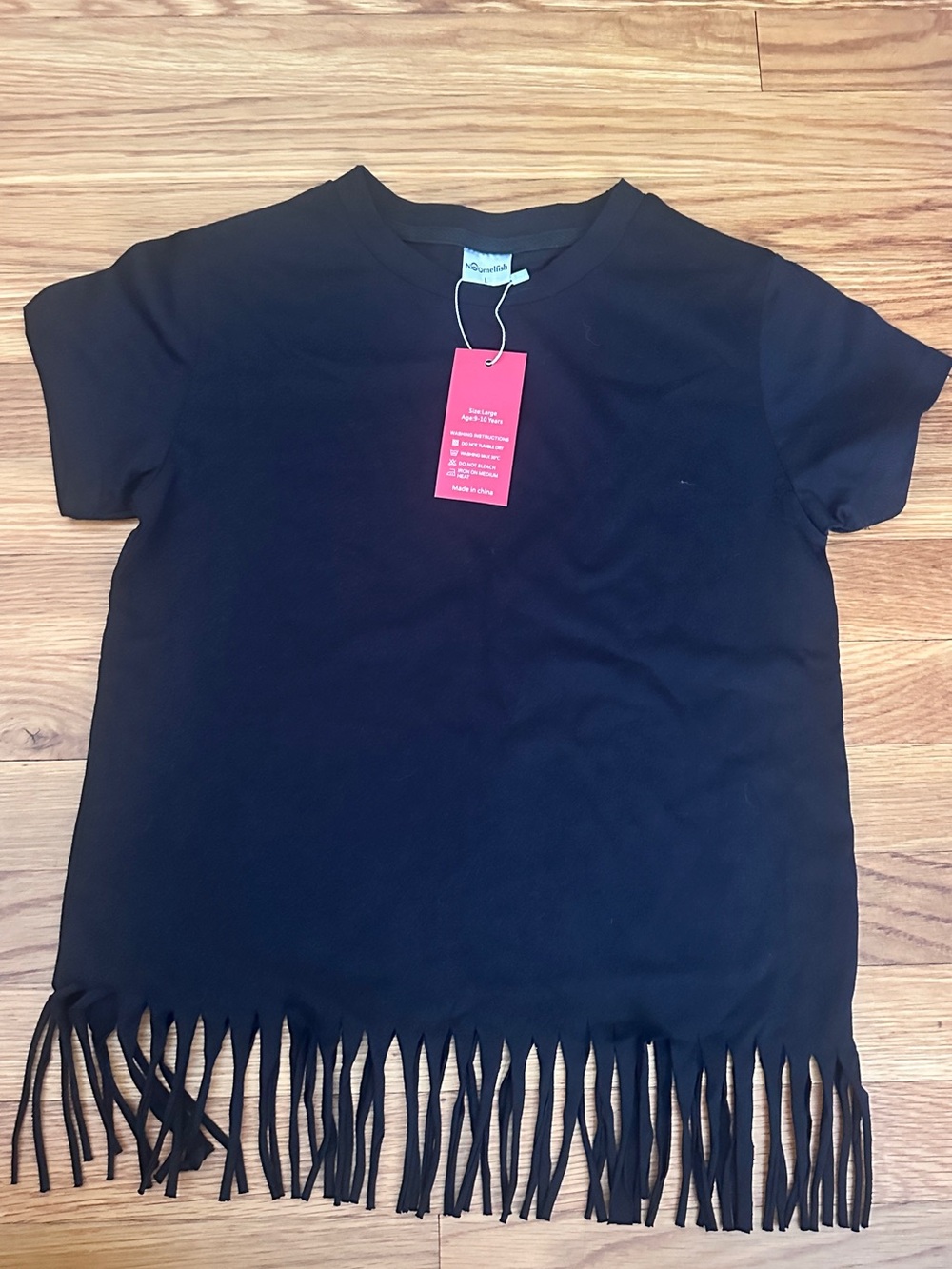 Girls Black Short Sleeve Fringe Hem Tee